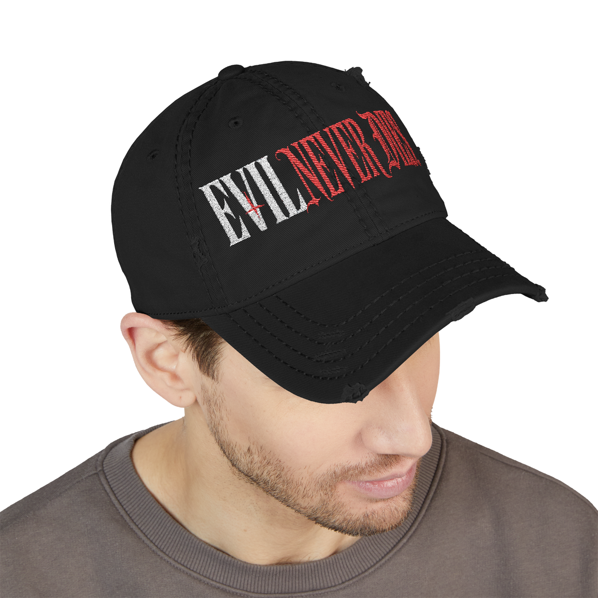 Xavleg Evil Never Dies limited edition Dad Hat in black, worn by a model