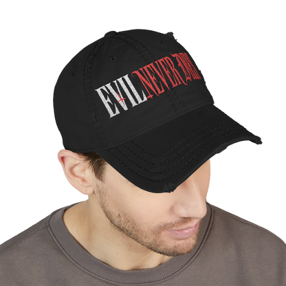 Xavleg Evil Never Dies limited edition Dad Hat in black, worn by a model